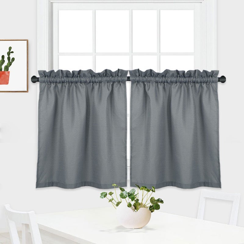 NANAN Waffle-Weave Textured Tier Curtains for Kitchen Water-Proof Window Curtains for Bathroom - 30" x 30", Grey, Set of 2 - Image 2